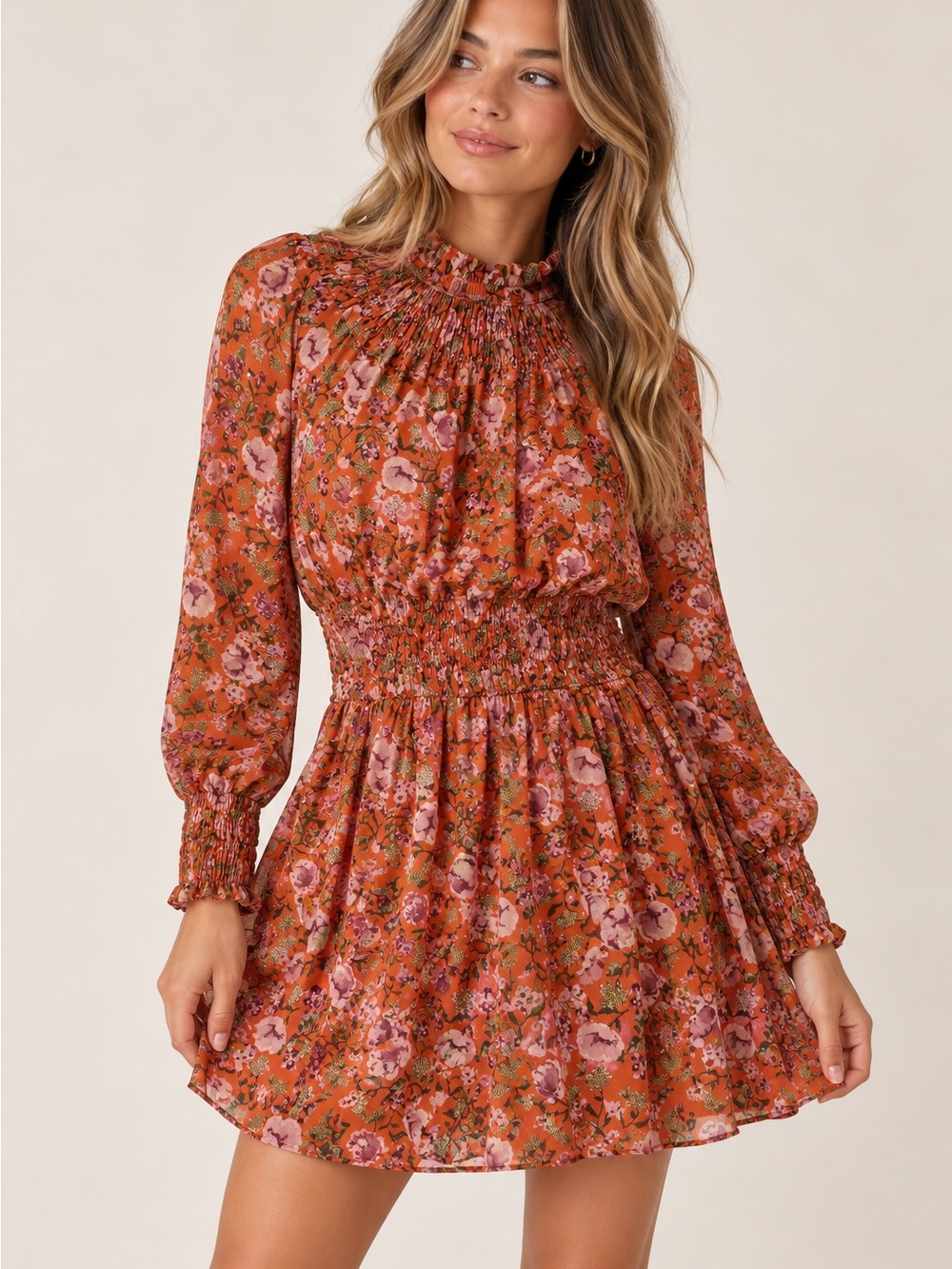 En Saison Floral Smocked Waist Fall Long Sleeve Mini Dress - Rust Pink
